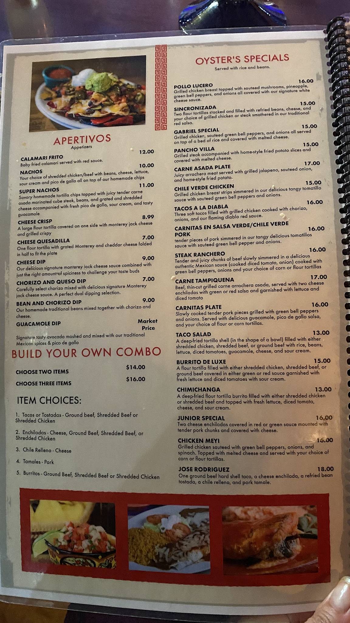 Menu at Oyster's Mexican & Seafood restaurant, Kingman