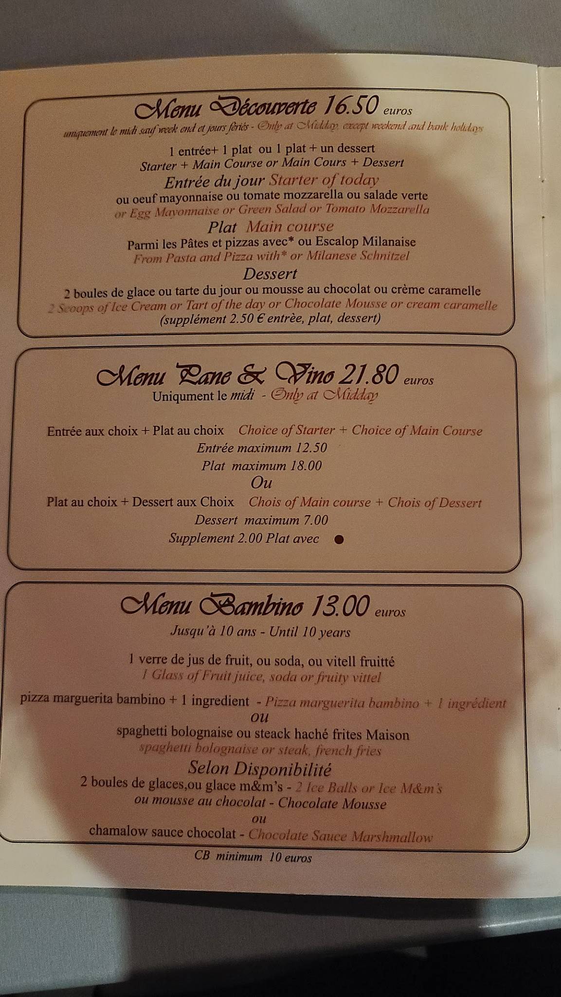 Menu de Pane & Vino