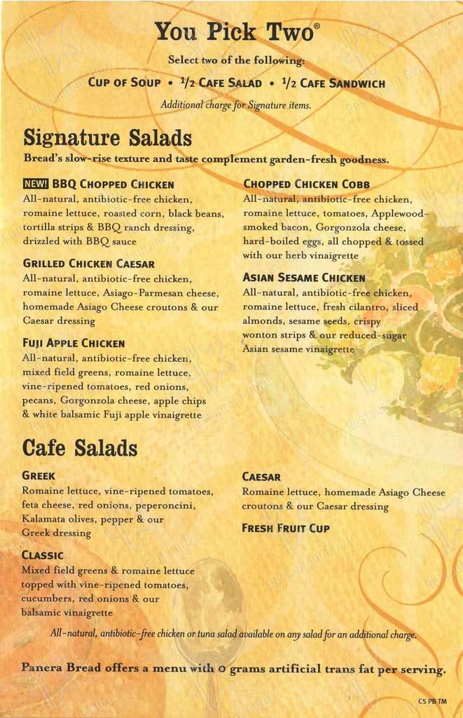 Panera Bread menu