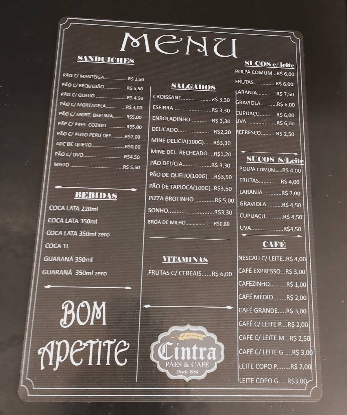 Panificadora Cintra cardápio