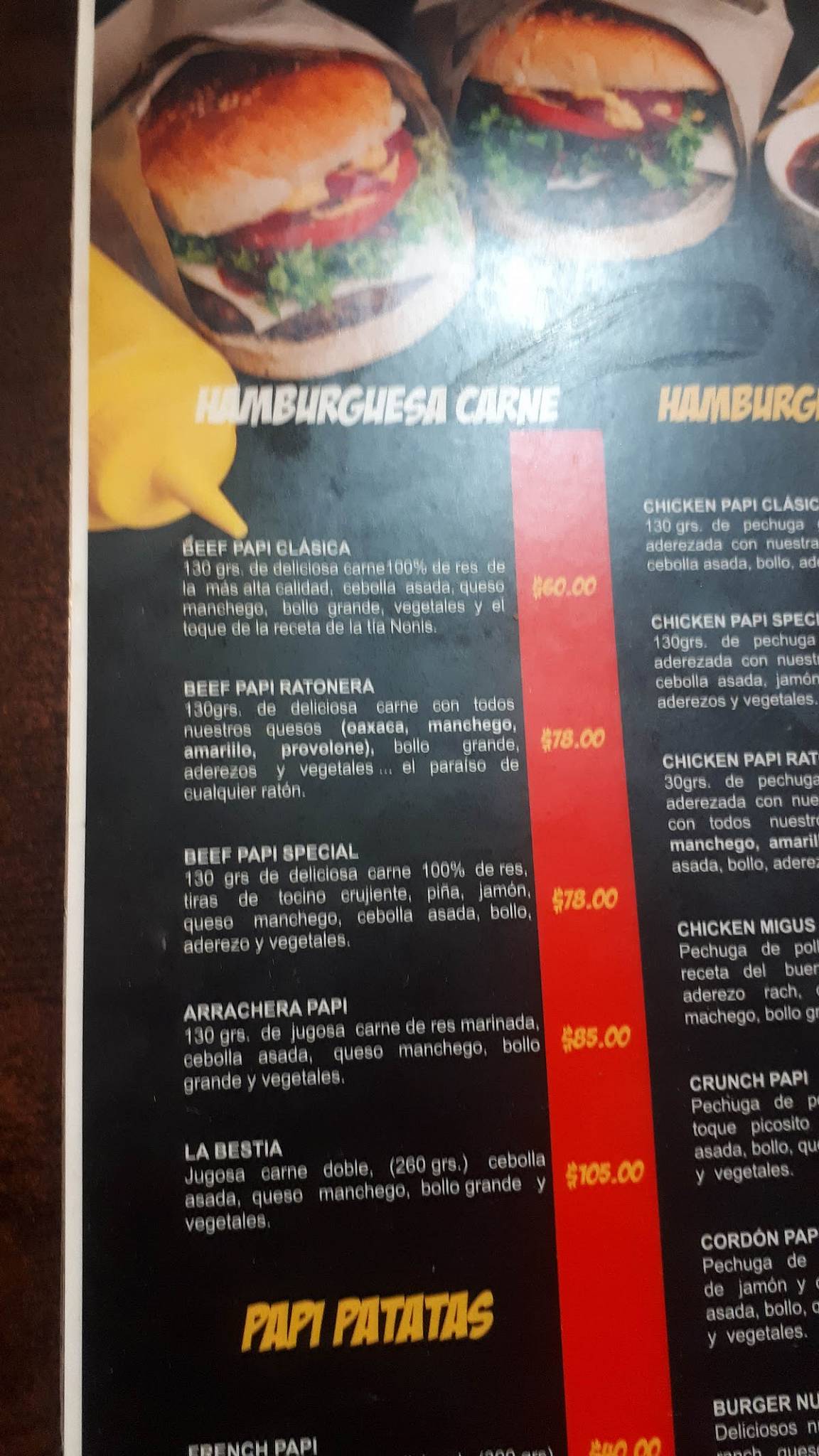 Menu at Papi burguer restaurant, Mexico City