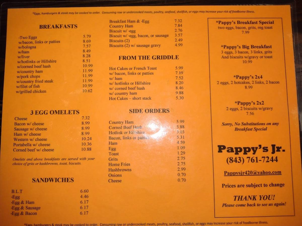 Menu at Pappy's Jr restaurant, Moncks Corner