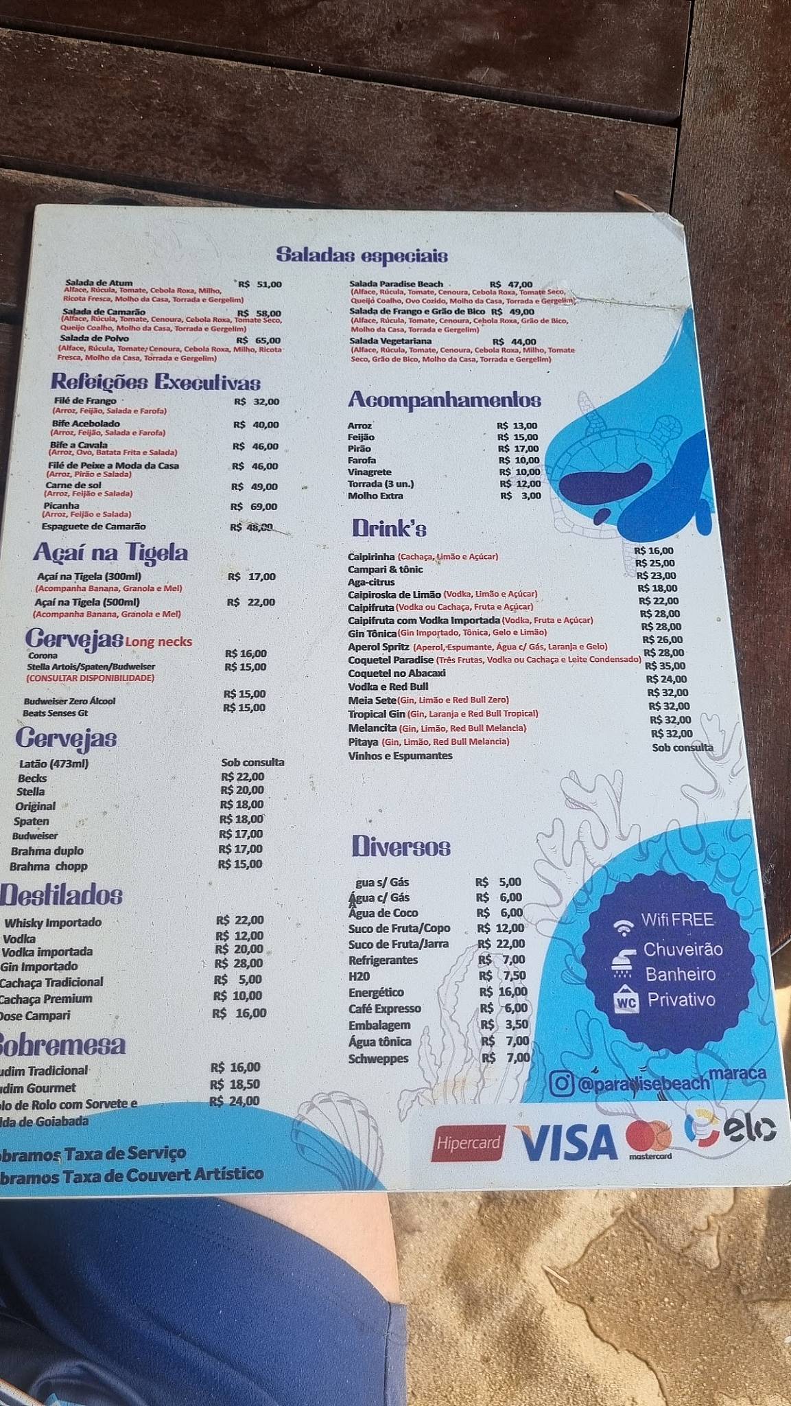 Paradise Beach, Bar e Restaurante cardápio