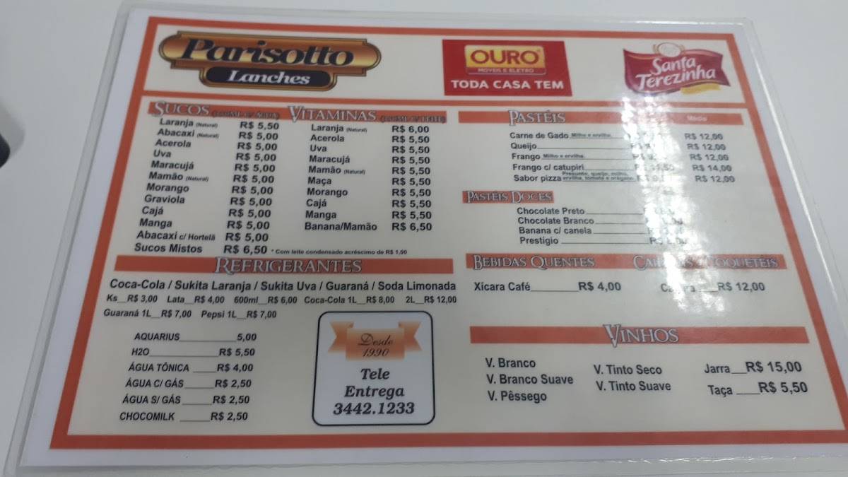 Parisotto Lanches cardápio