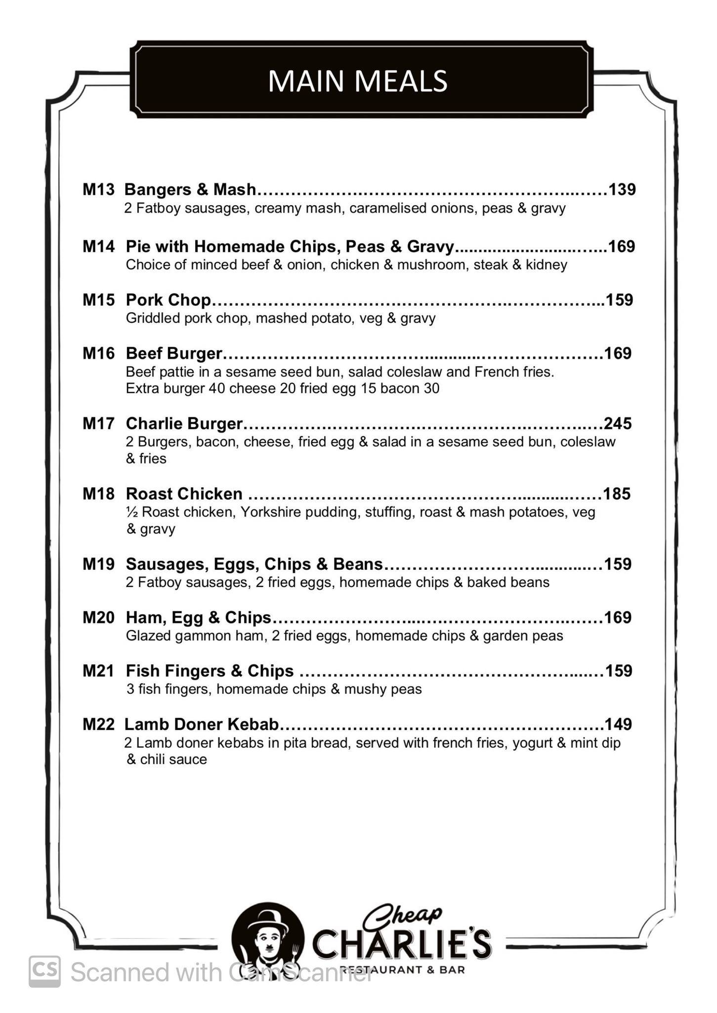 Menu at Cheap Charlie's restaurant, Pattaya City