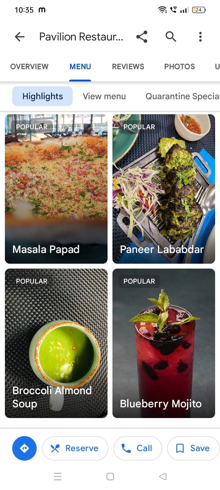 Pavilion Restaurant menu