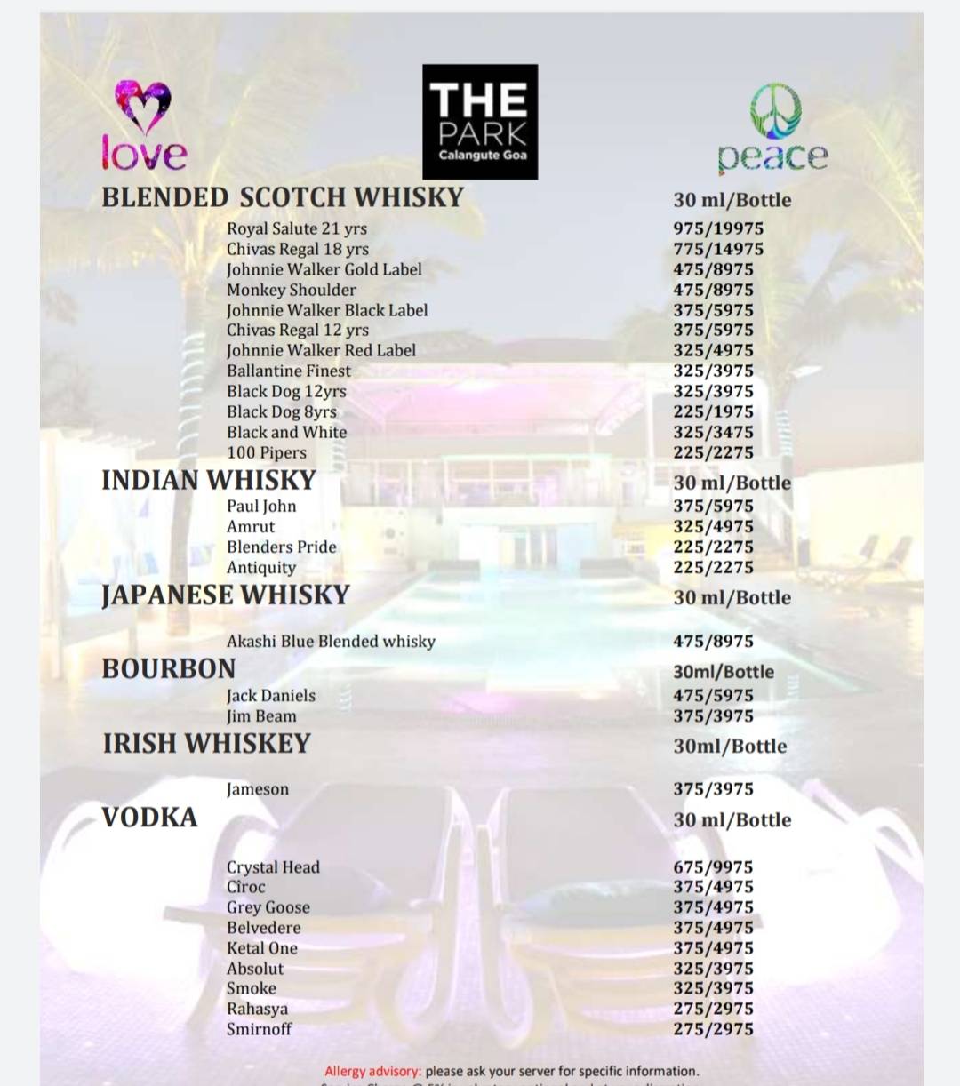 Peace Bar menu