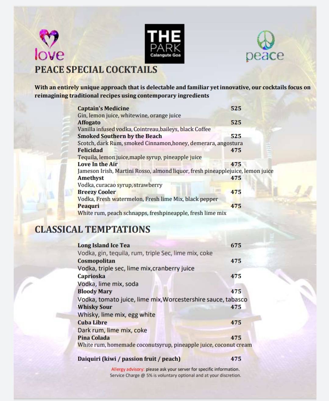 Peace Bar menu