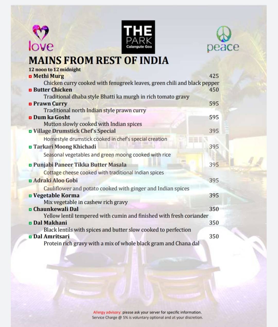 Peace Bar menu