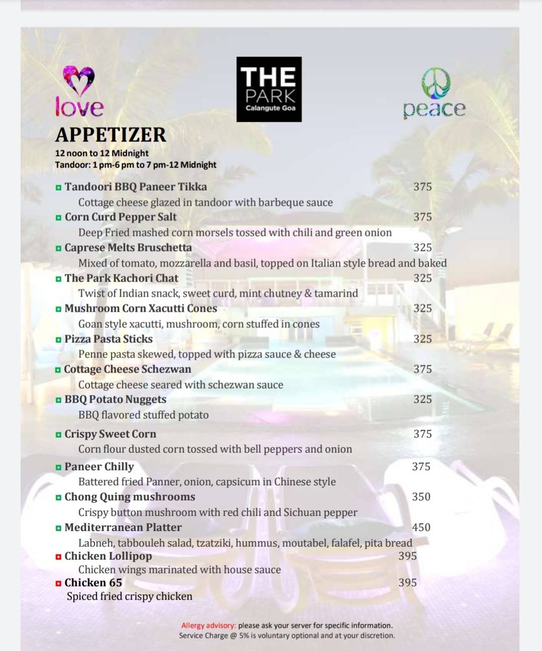 Peace Bar menu