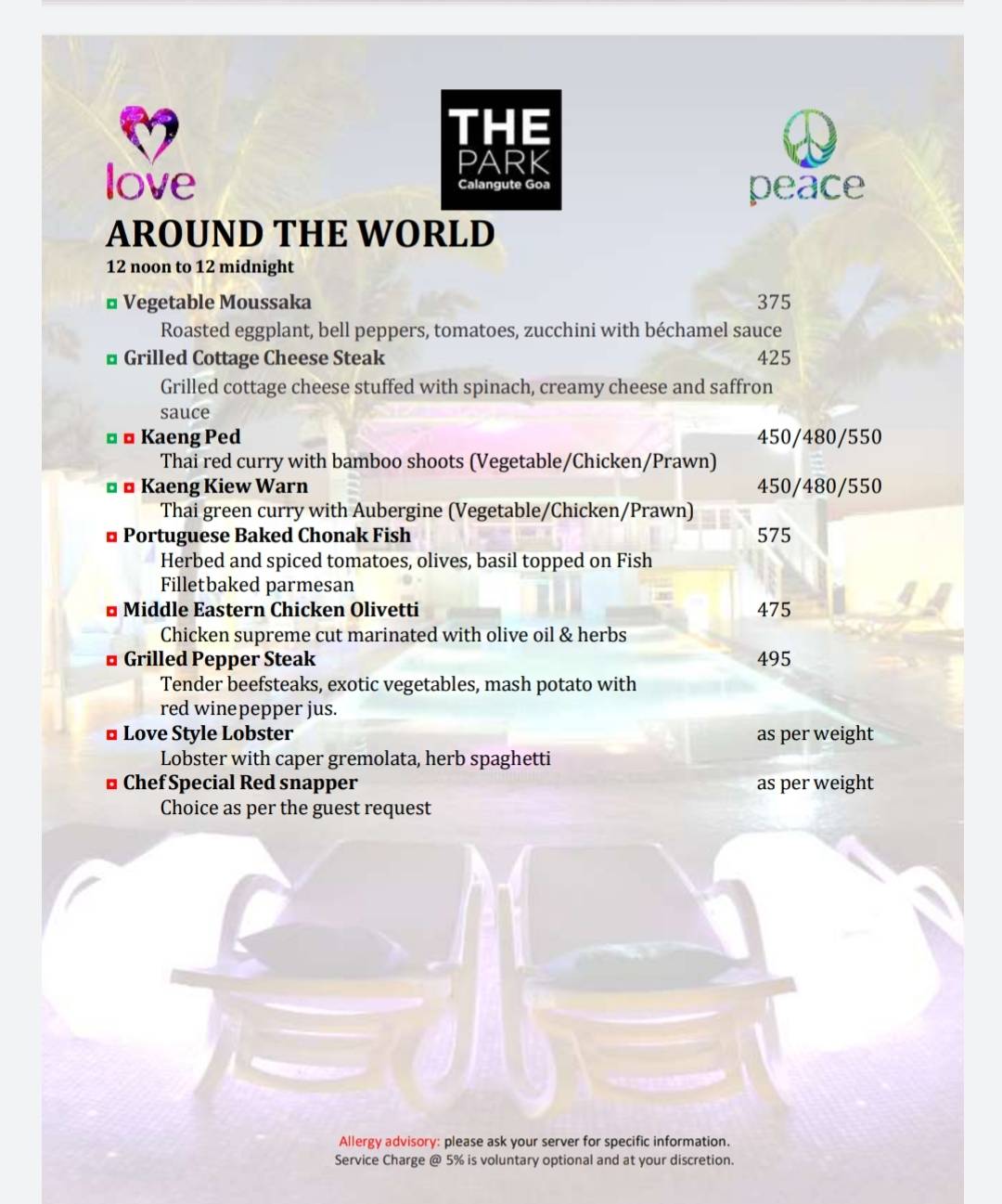 Peace Bar menu
