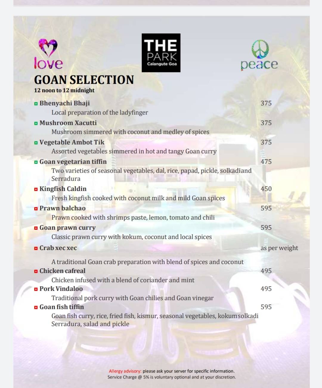 Peace Bar menu