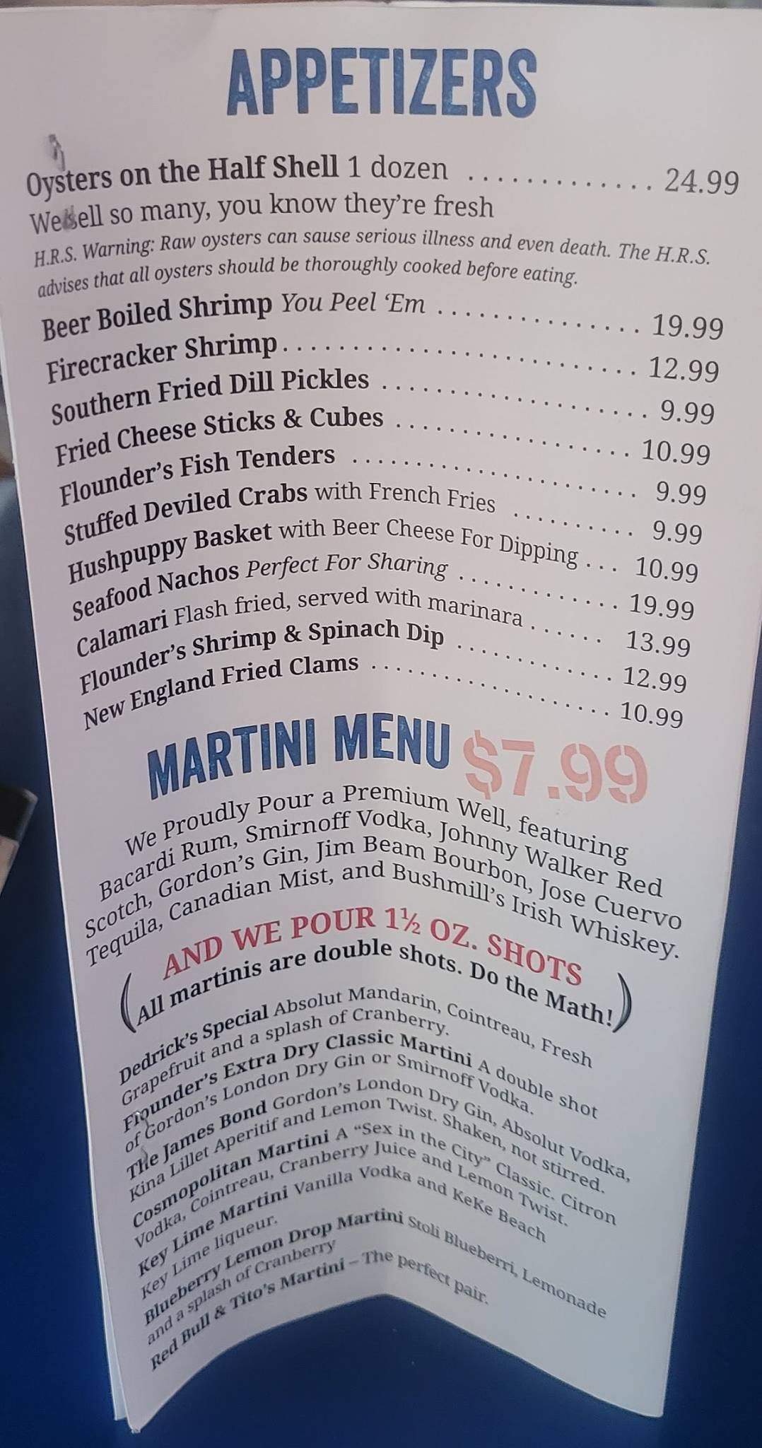 Menu at Flounder's Chowder House pub & bar, Pensacola Beach