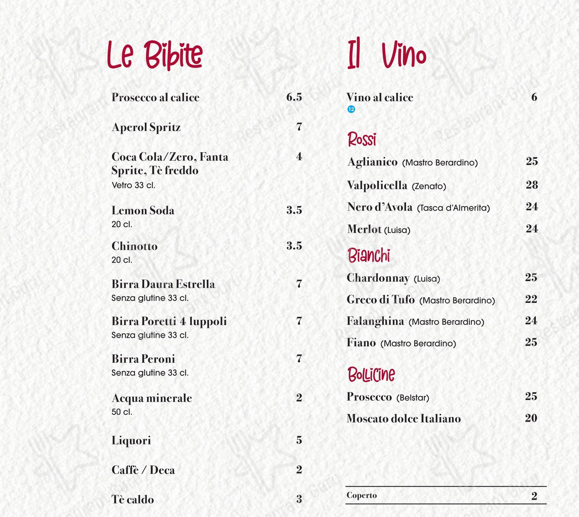 Menu bar per Peperino e Milano in Milano