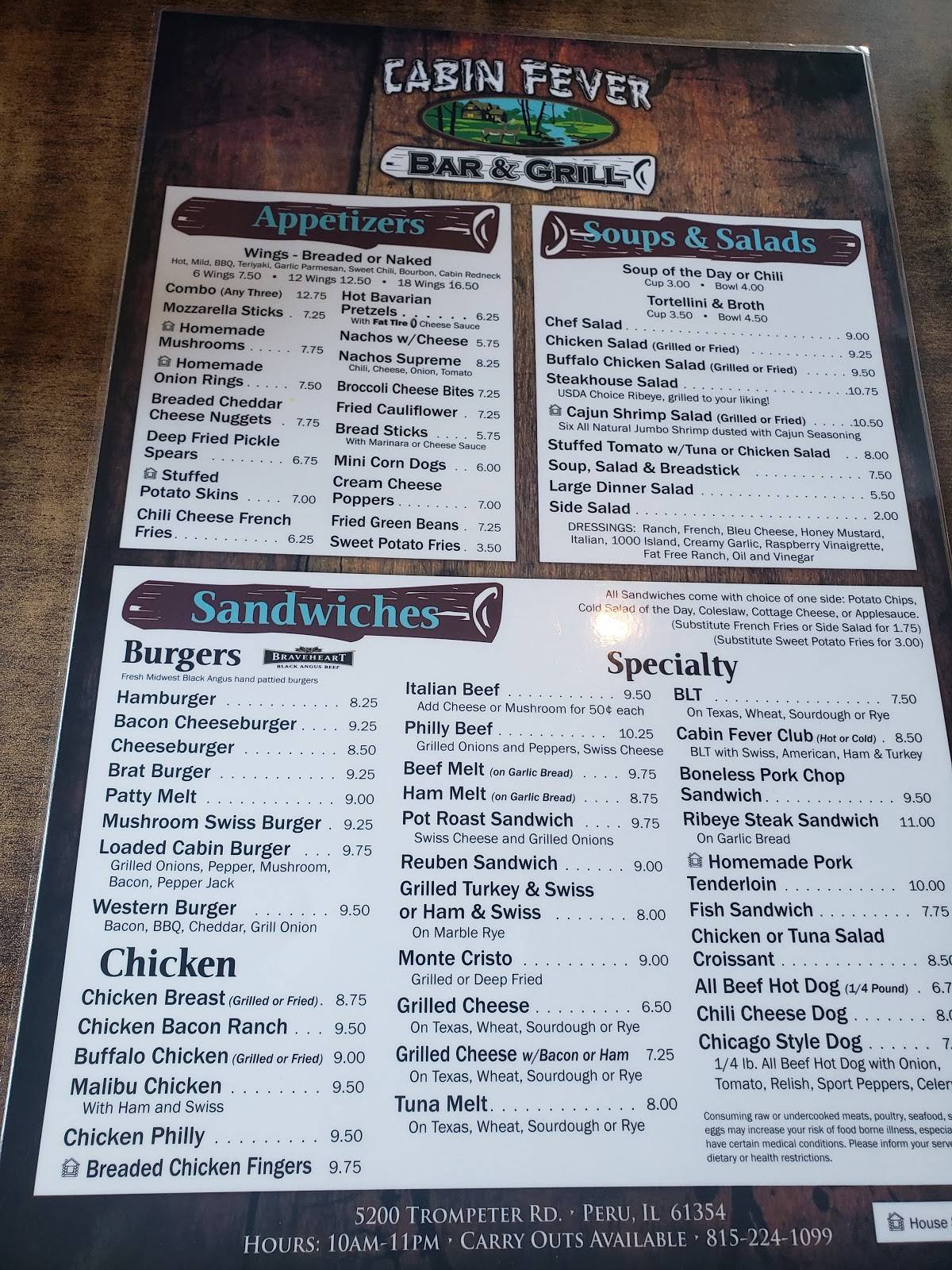 Menu at Cabin Fever Bar & Grill, Peru
