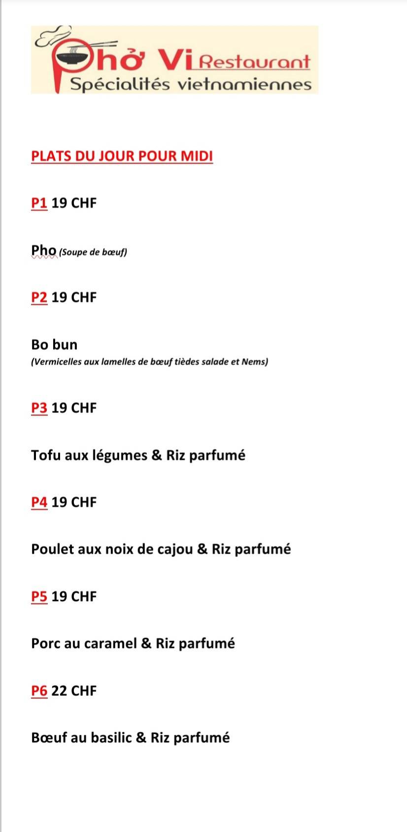 Menu di Pho Vi 