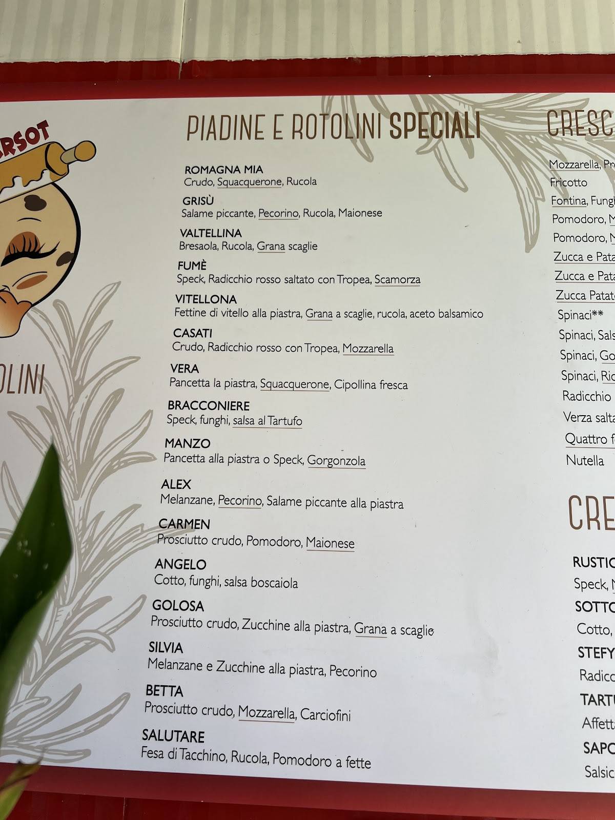 Menu di Piada e Parsot 