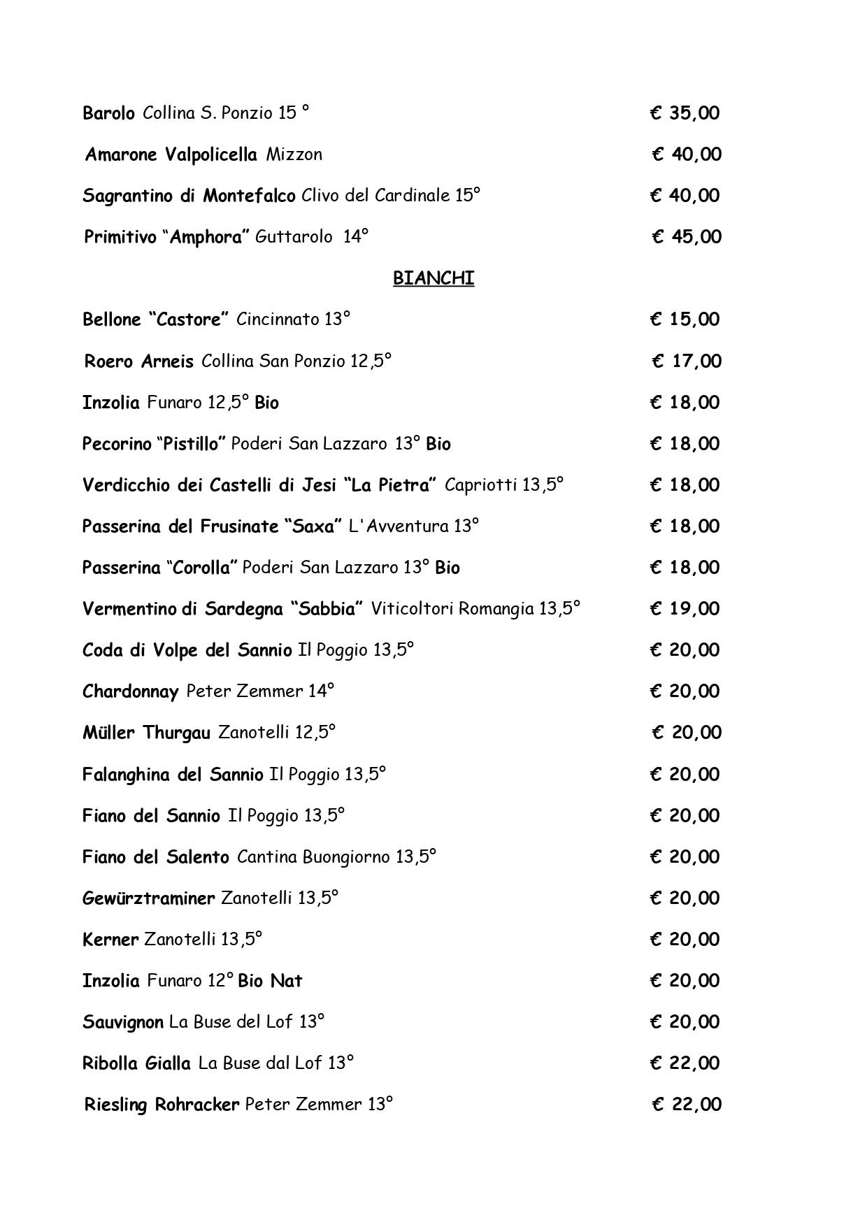 Menu de Pigneto Quarantuno