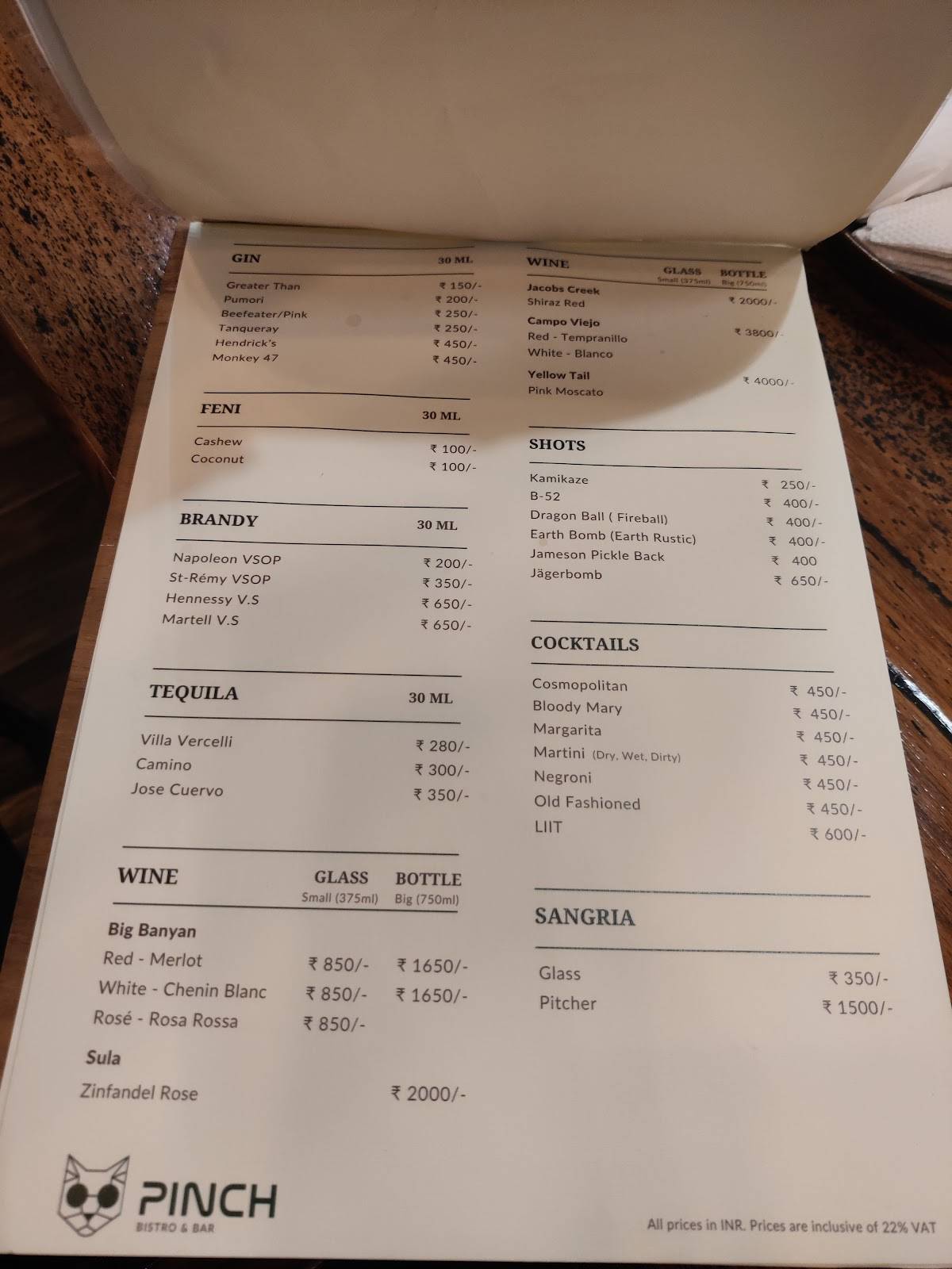 Pinch Bistro & Bar menu
