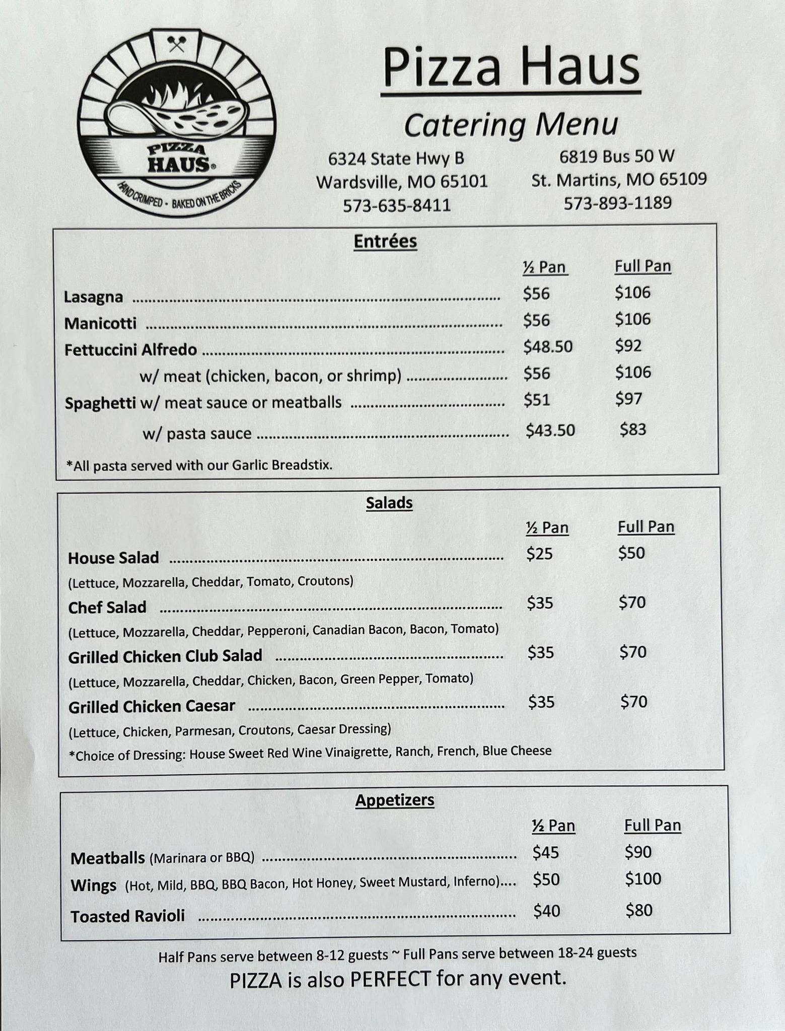 Menu at Pizza Haus Wardsville pizzeria, Jefferson City, State Hwy B