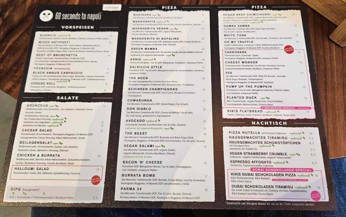 Speisekarte von 60 seconds to napoli stuttgart pizza stuttgart