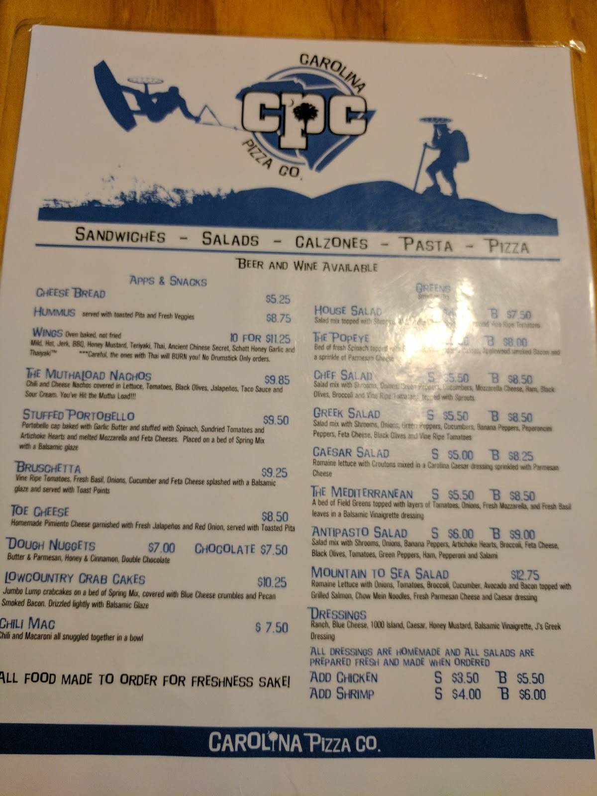Menu at Carolina Pizza Company pizzeria, Walhalla