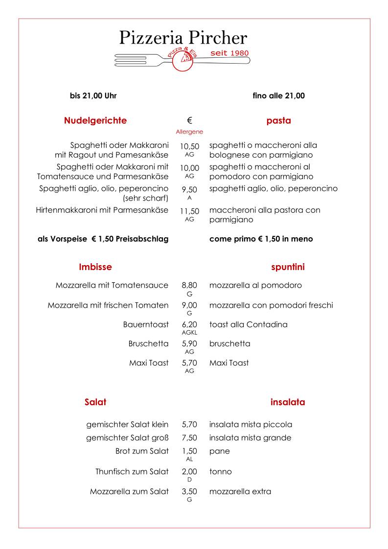 Menu di Pizzeria Eisdiele Pircher 