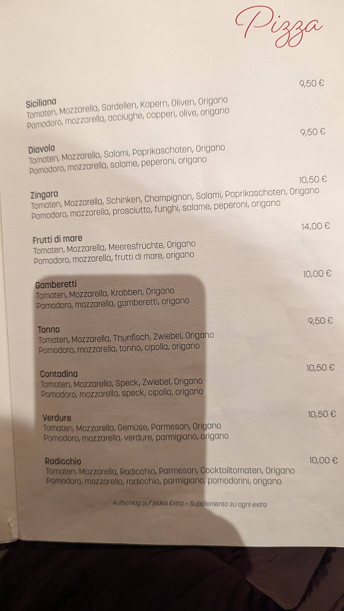Menu di Pizzeria Ennemoser 