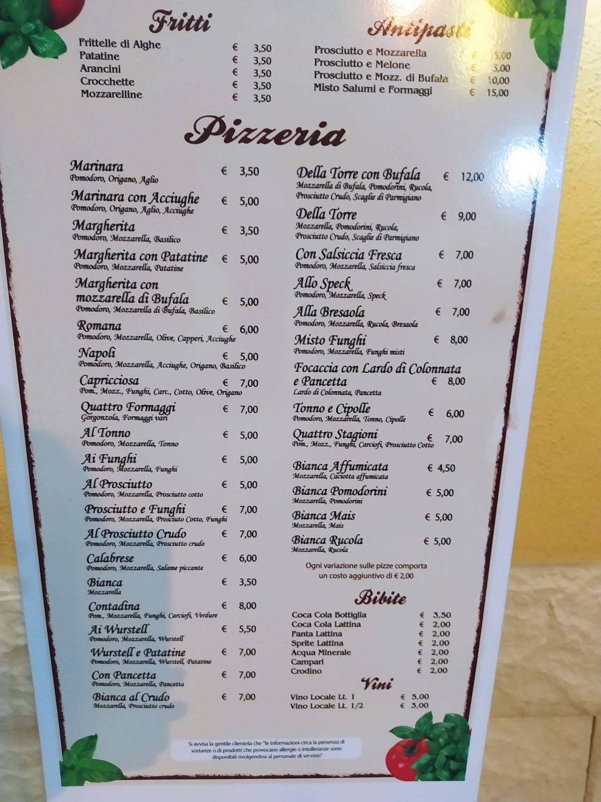 Menu da La Torre ristorante, Tortora Marina