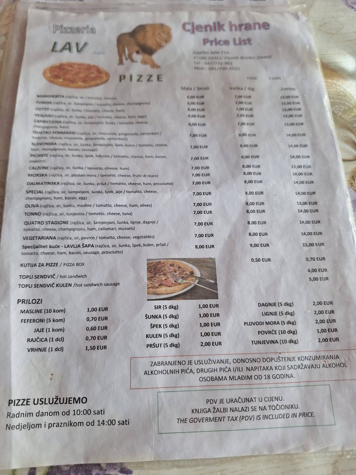 Menu di Pizzeria Lav - sala Ganjak 