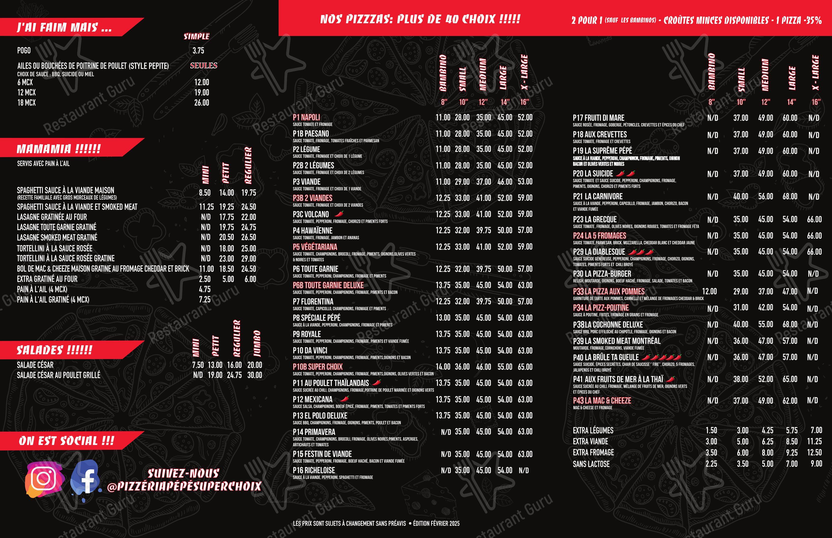 Menu pour Pizzeria Pepe Super Choix - Menu