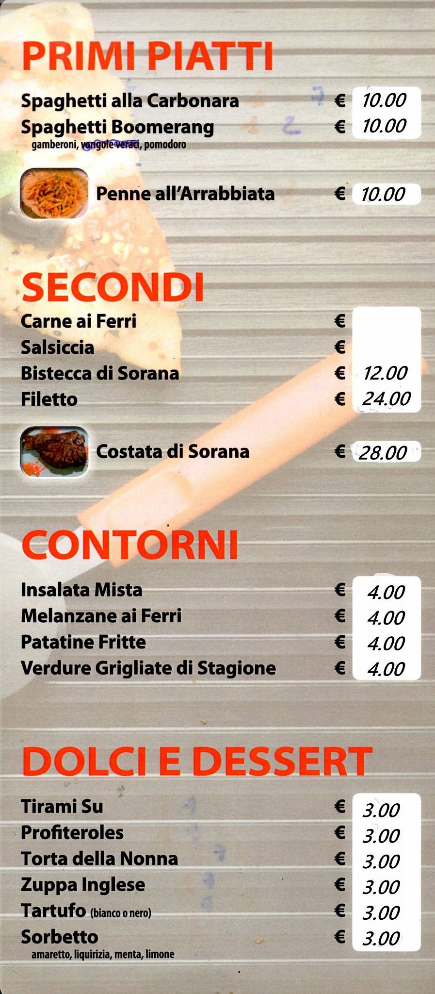 Menu di Pizzeria Boomerang 