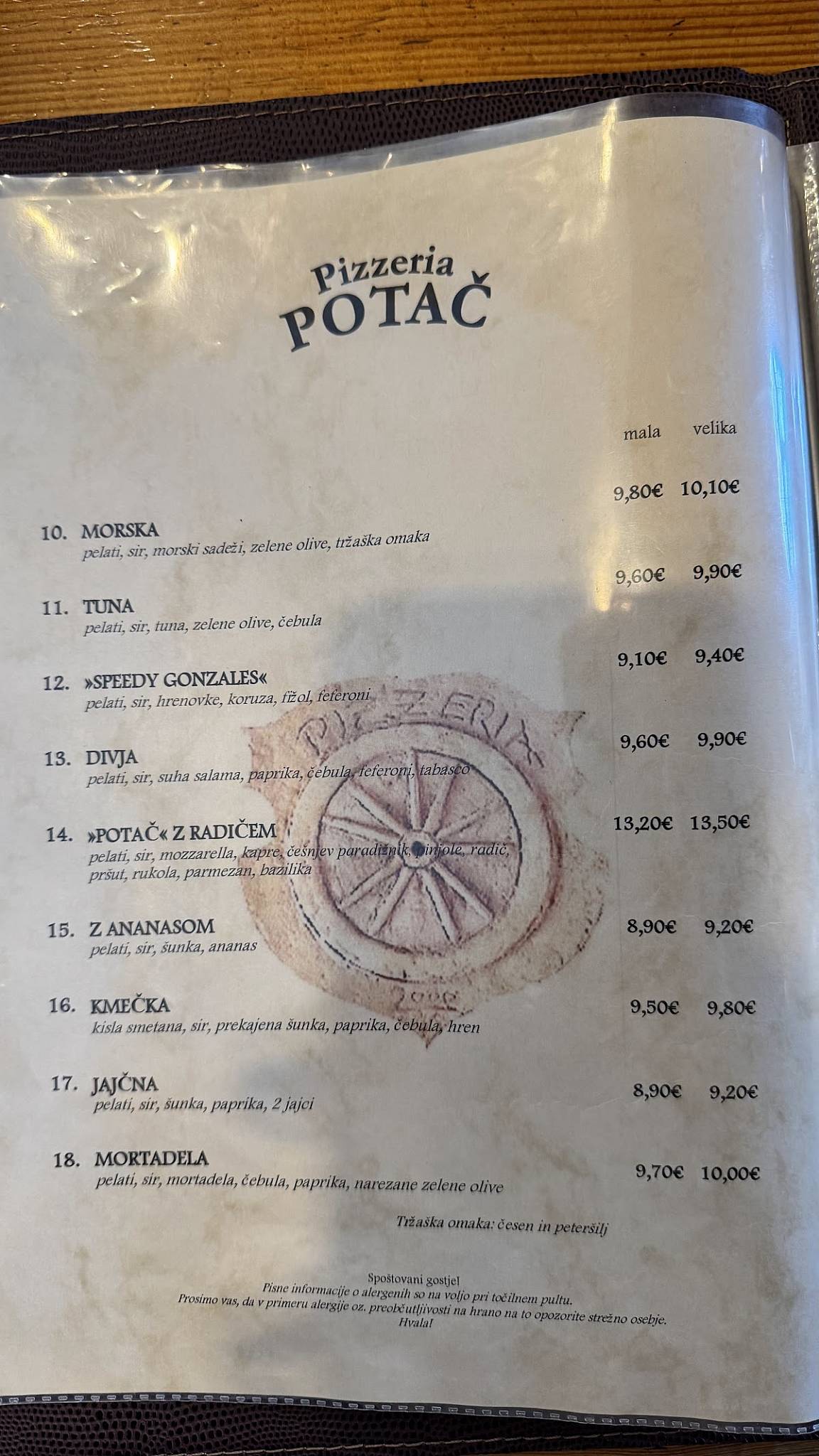 Menu di Pizzeria Potač 