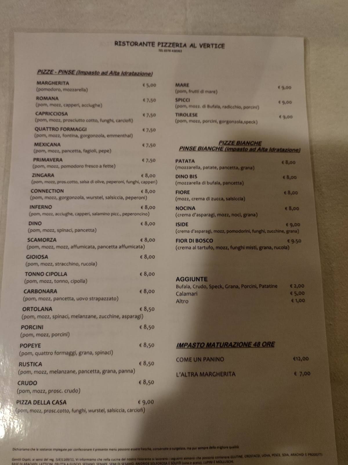 Menu di Pizzeria Ristorante Al Vertice 