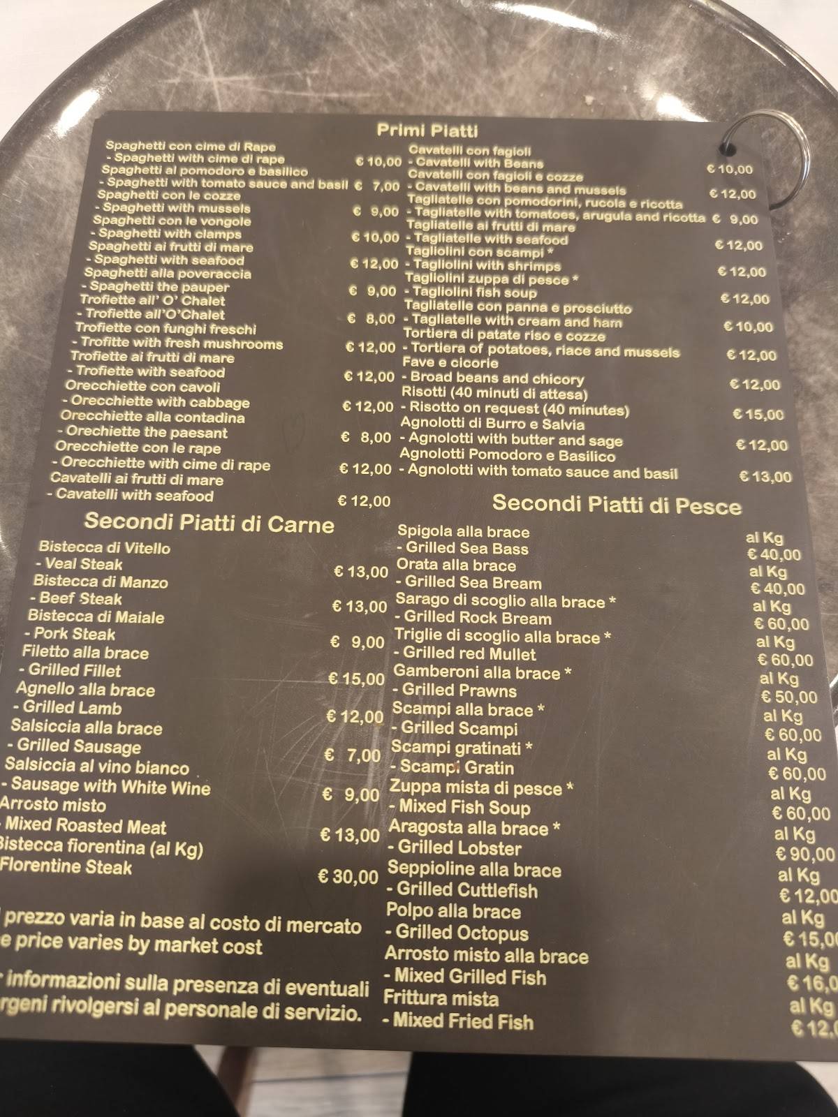 Menu di Pizzeria Ristorante O'chalet 