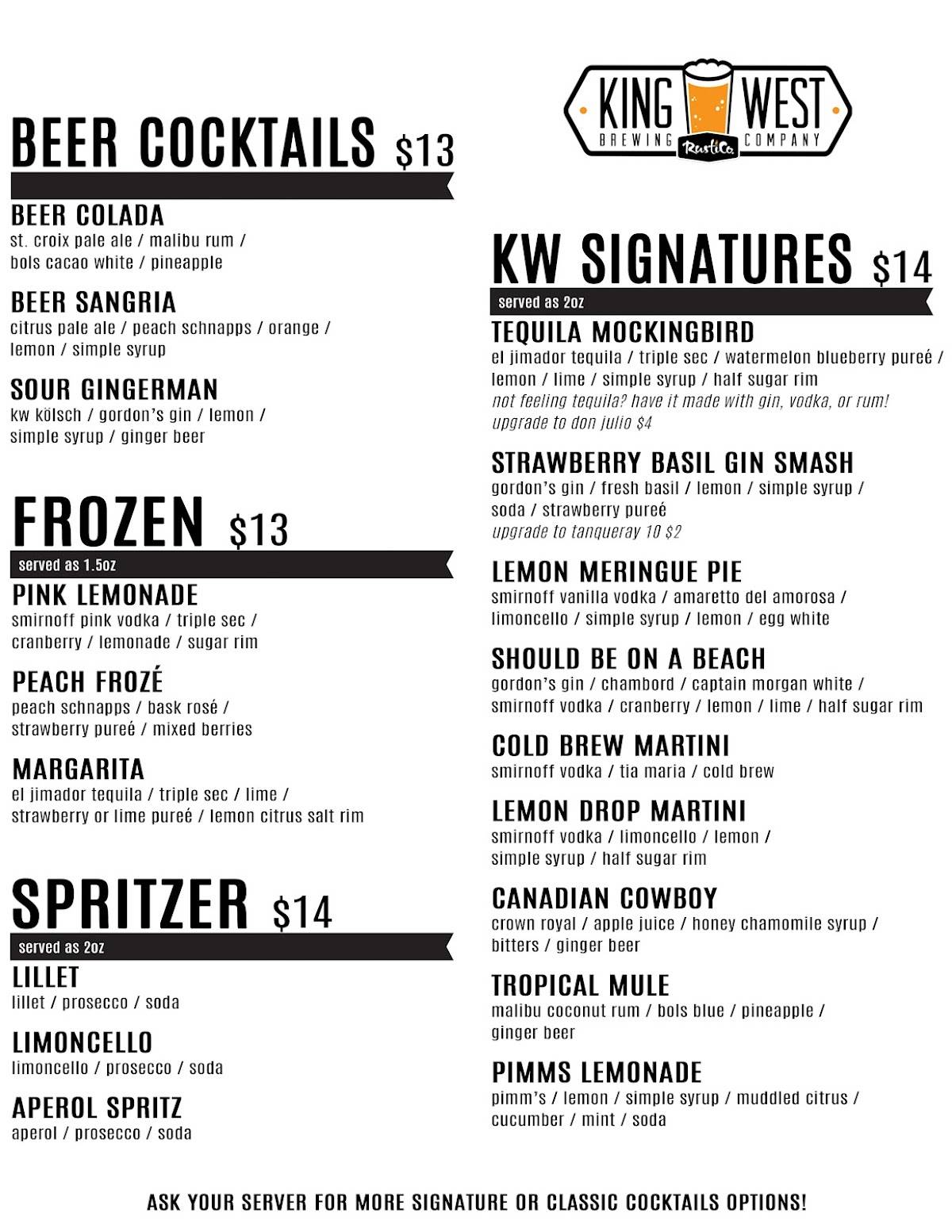 Menu de RustiCo. / King West Brewing Company