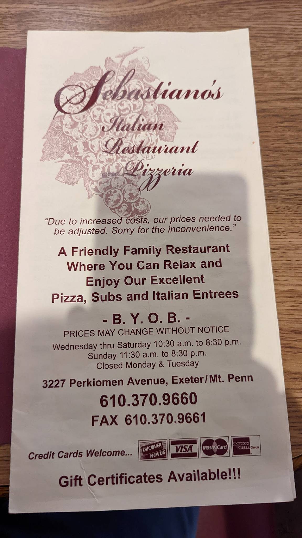 Menu at Sebastiano's Italian Restaurant And Pizzeria, Reading