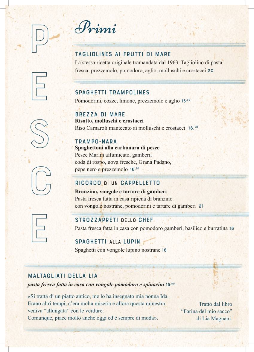 Menu di Trampolines Cucina di mare, ristoratori dal 1963 