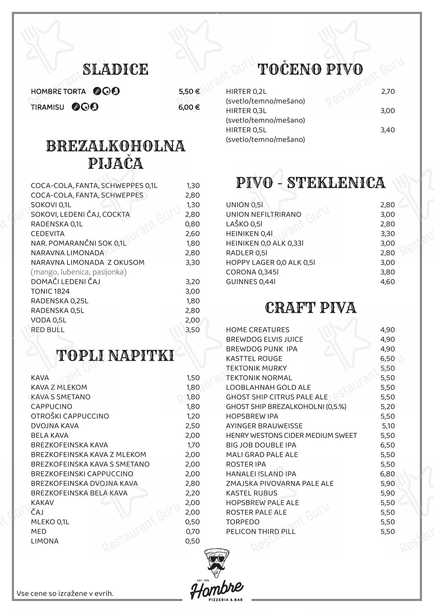 Menu bar per Pizzeria & Bar Hombre in Lubiana