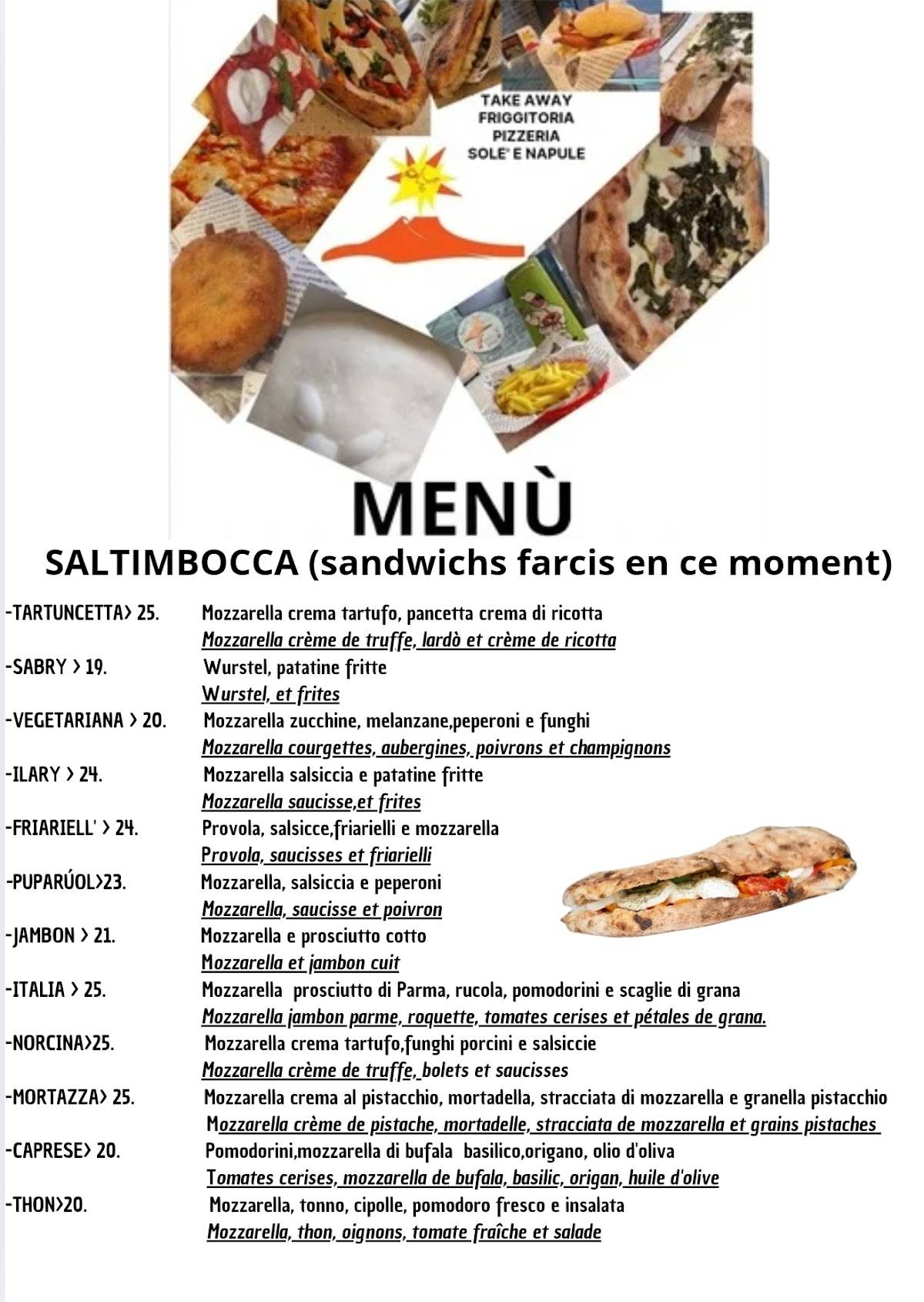 Menu di Pizzeria et friture soleil et napples 