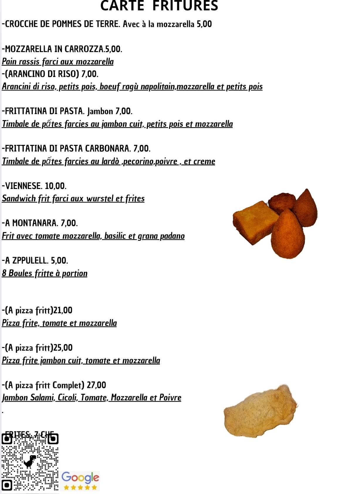 Menu di Pizzeria et friture soleil et napples 