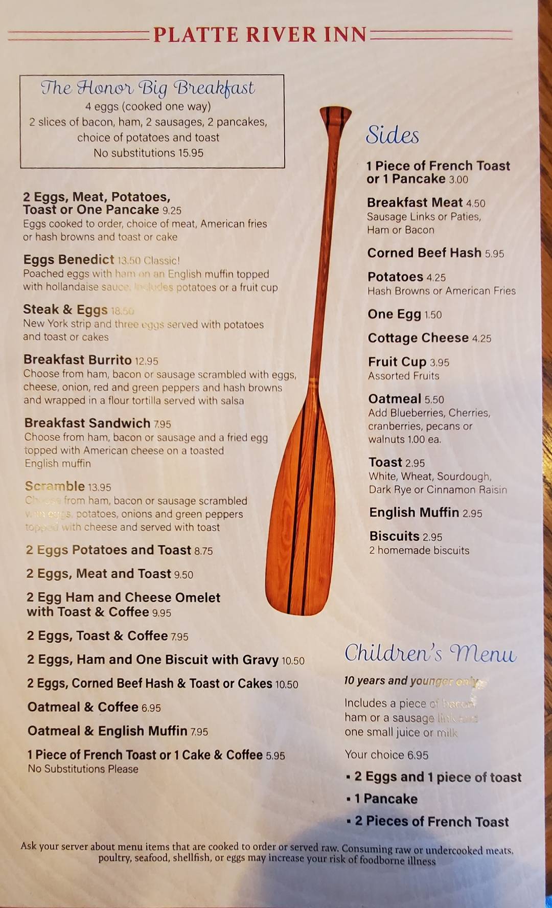 Menu at Platte River Inn restaurant, Honor