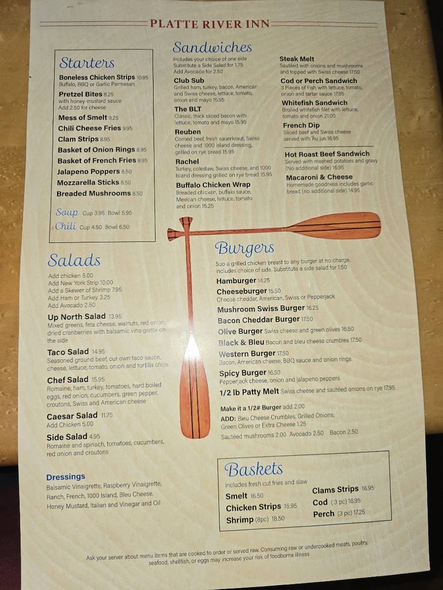 Menu at Platte River Inn restaurant, Honor