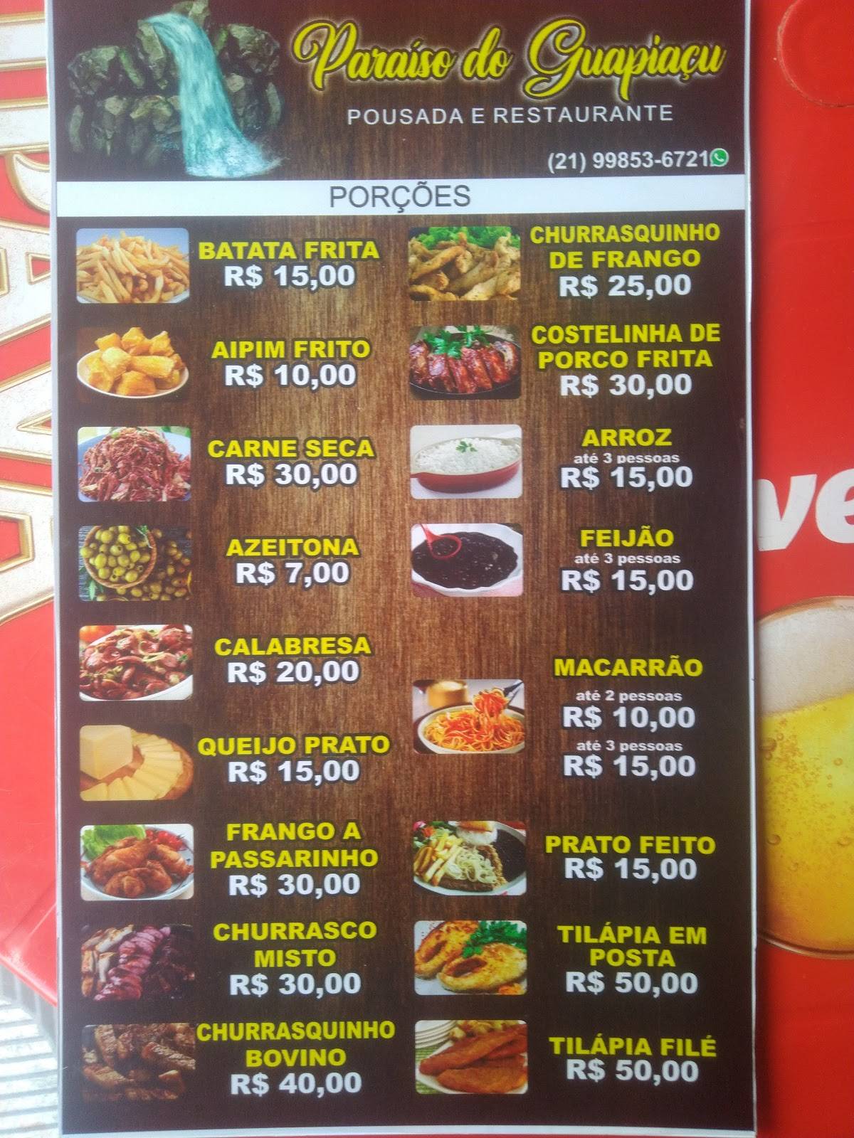 Pousada e Restaurante Paraíso do Guapiaçu cardápio