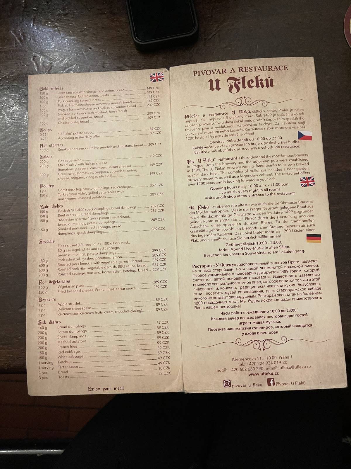 U Fleku Prag Speisekarte