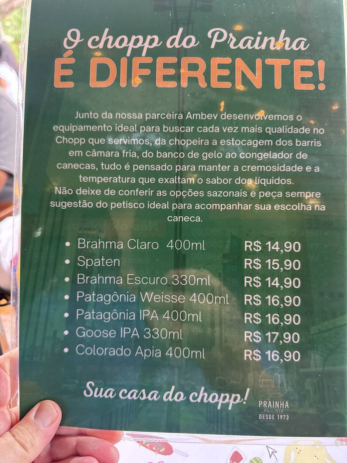 Prainha Paulista cardápio