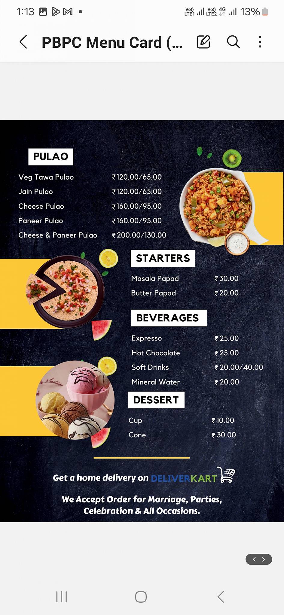 Prakash Bhau Pavbhaji Corner menu