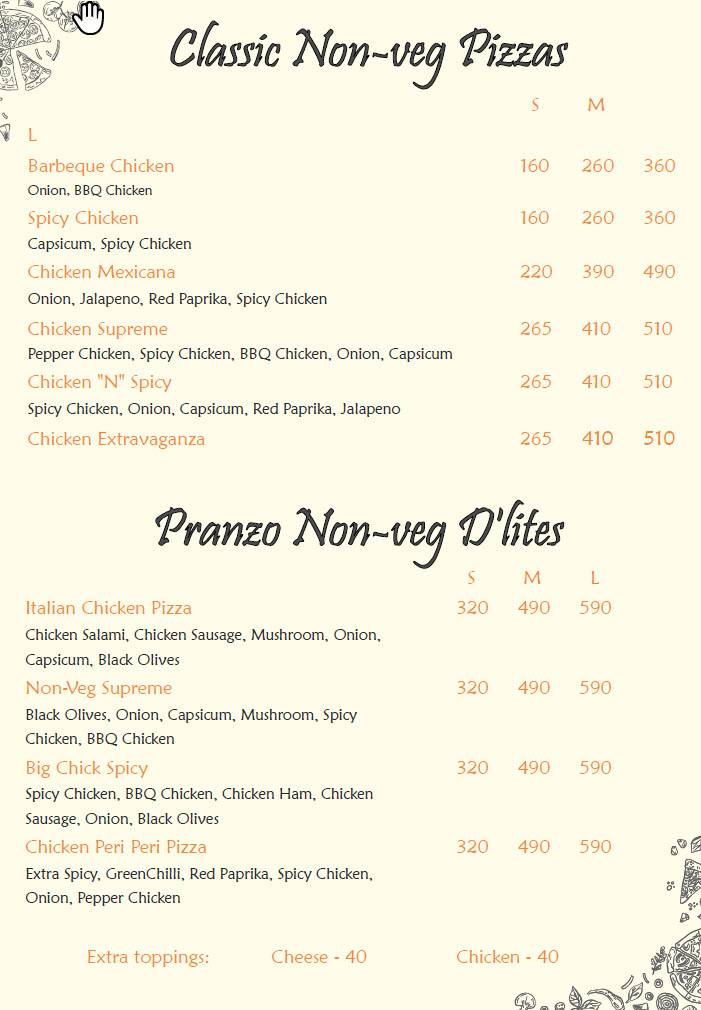 Pranzo Pizzas menu