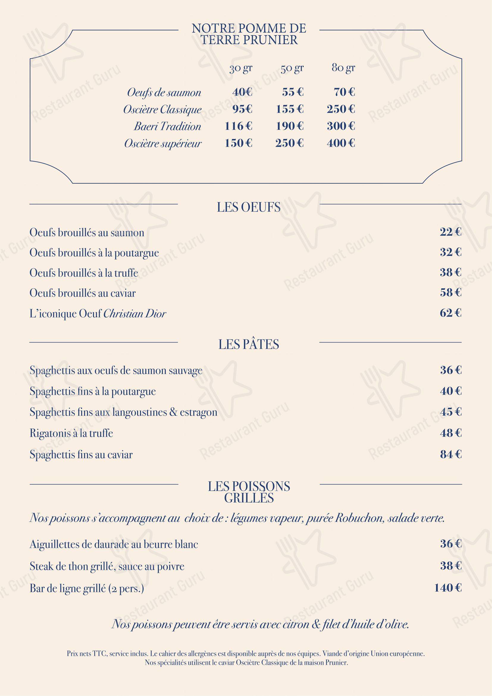 Menu pour Prunier dans Paris