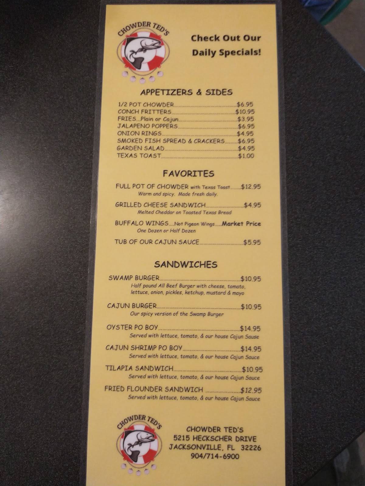 Menu at Chowder Ted's pub & bar, Jacksonville